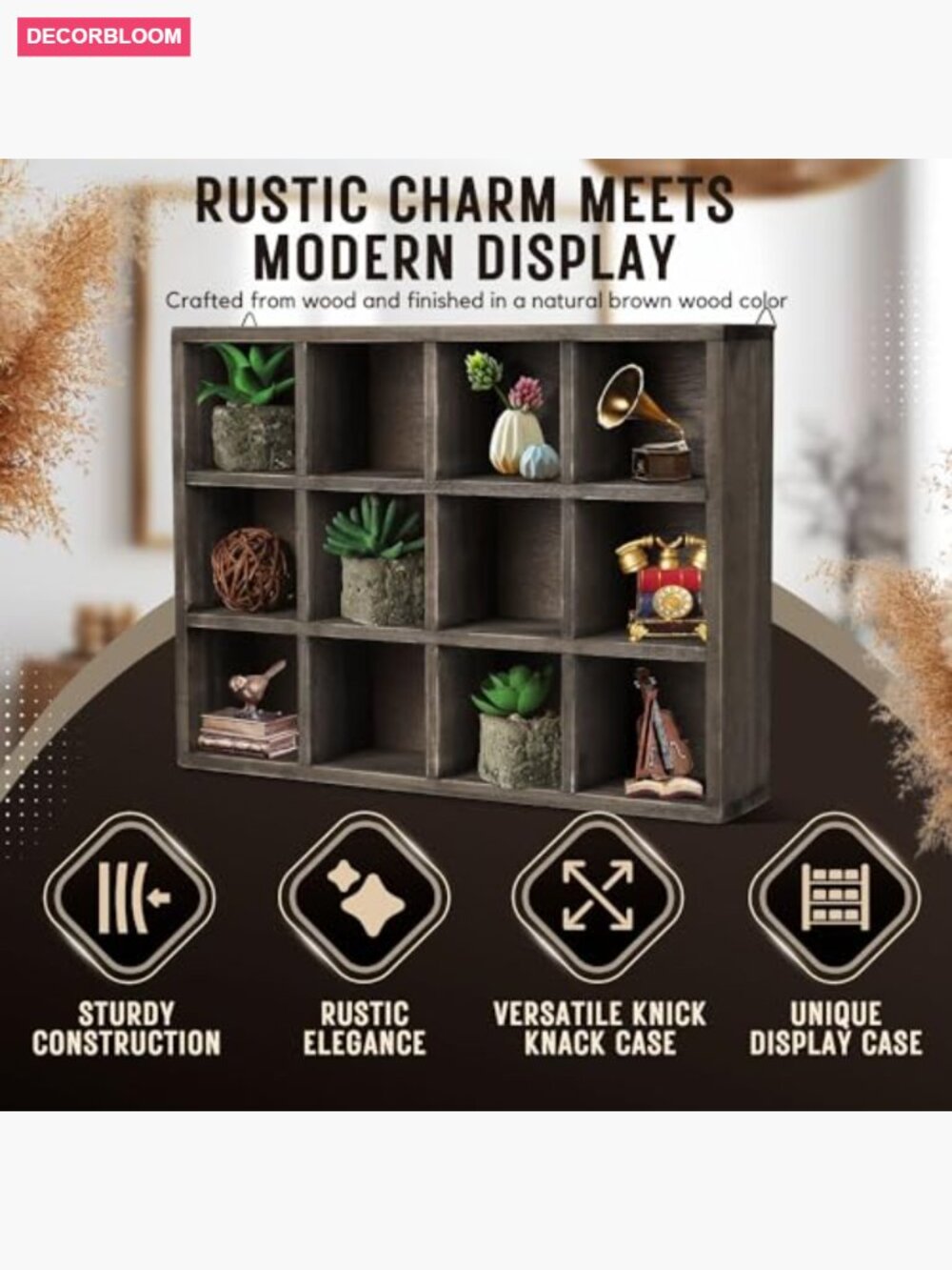 12-Compartment Rustic Wood Cubby Wall Shelf for Collectibles Display - Picture 5 of 7